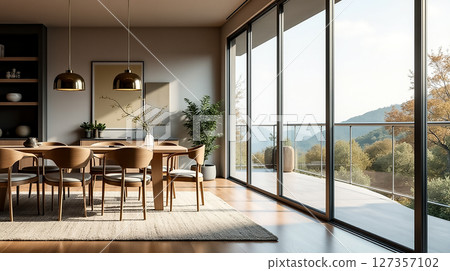 Modern dining area with large windows offering mountain views in a serene, naturally lit space during daylight Modern dining area with large windows offering mountain views in a serene, naturally lit space during daylight 127357102