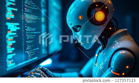 Advanced robotic figure interacting with digital coding interface in a high-tech environment for programming analysis 127357115