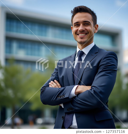 Confident young professional poses outdoors in a business suit near a contemporary office building 127357116