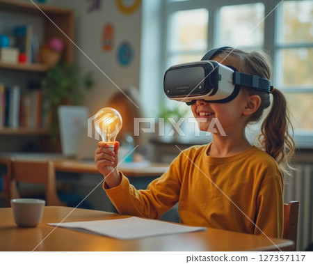 Child explores creativity and innovation with virtual reality headset while holding a light bulb in a cozy room 127357117