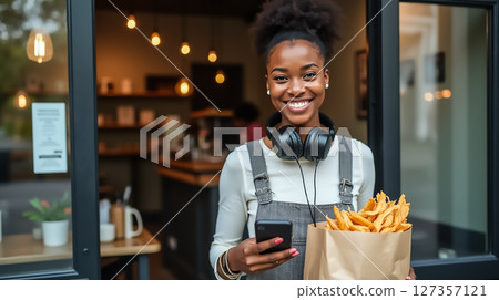 Smiling woman holding fries and smartphone outside a cozy eatery in the afternoon Smiling woman holding fries and smartphone outside a cozy eatery in the afternoon 127357121