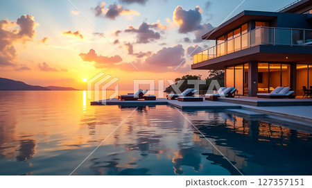 Luxurious villa by the serene lake at sunset with calm waters reflecting the warm colors of evening 127357151