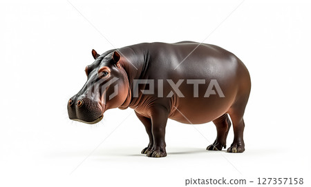 Hippopotamus standing gracefully against a plain background showcasing its robust form and unique features 127357158