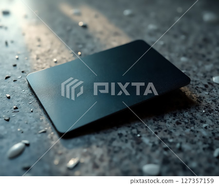 Black card resting on a wet surface reflecting light in a minimalist setting indoors Black card resting on a wet surface reflecting light in a minimalist setting indoors 127357159
