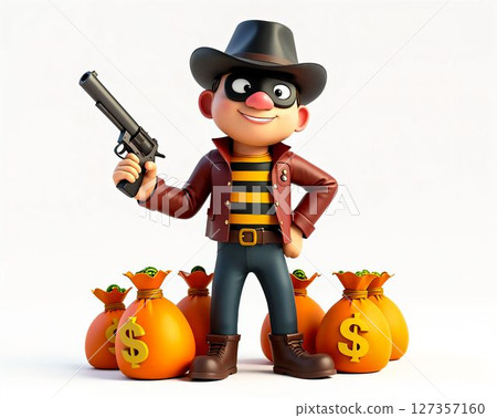 Cartoon thief character posed with bags of money and a gun in a playful, animated style 127357160