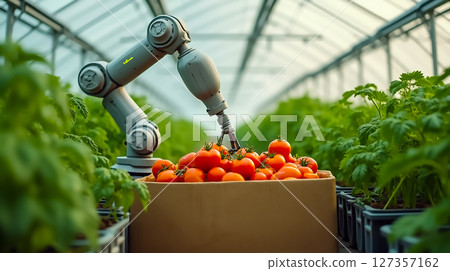 Robotic arm harvesting ripe tomatoes in a greenhouse garden during midday 127357162