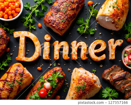A vibrant dinner spread featuring grilled meats, fresh vegetables, and flavorful accompaniments on a black surface A vibrant dinner spread featuring grilled meats, fresh vegetables, and flavorful accompaniments on a black surface 127357166