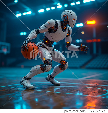 Robot dribbles basketball on illuminated court during a thrilling night match Robot dribbles basketball on illuminated court during a thrilling night match 127357174