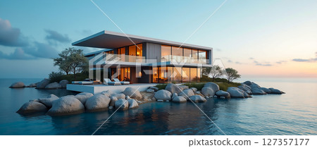 Modern waterfront house on rocky terrain during twilight near serene waters and gentle clouds 127357177