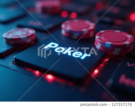Engaging poker game on a keyboard with colorful chips at night creating a lively atmosphere 127357178