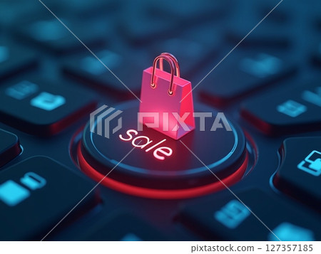 Online shopping sale promotion with a shopping bag on a keyboard key at night Online shopping sale promotion with a shopping bag on a keyboard key at night 127357185