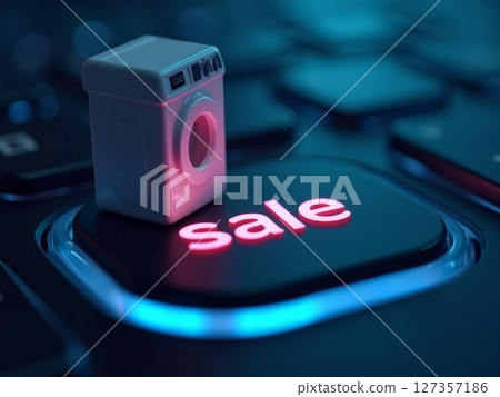Creative depiction of a miniature washing machine on a keyboard key promoting a sale with glowing red letters Creative depiction of a miniature washing machine on a keyboard key promoting a sale with glowing red letters 127357186