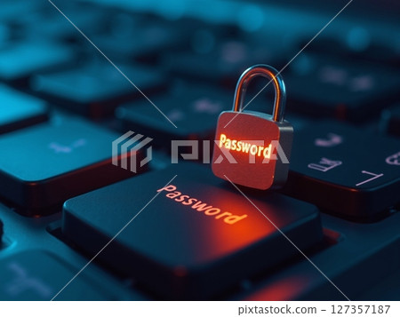 Secure password protection with a lock symbol on a computer keyboard at night 127357187