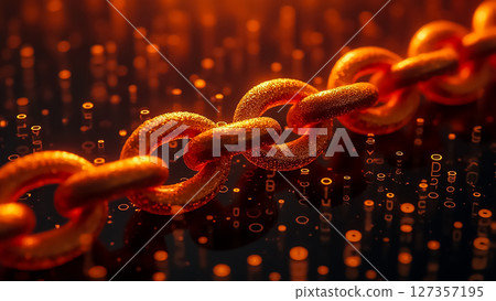 Digital chain links glowing in an abstract environment create a sense of connection and technology at night Digital chain links glowing in an abstract environment create a sense of connection and technology at night 127357195