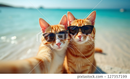 Cute orange cats wearing sunglasses relax by the beach under clear blue skies during a sunny day 127357199