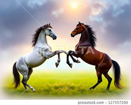 Horses playing in a grassy meadow during sunset with dramatic clouds overhead Horses playing in a grassy meadow during sunset with dramatic clouds overhead 127357200