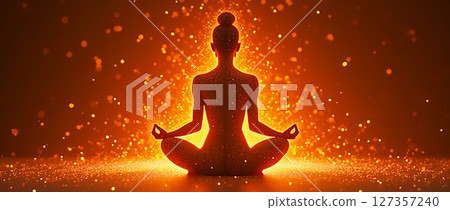 A person meditating in a serene pose surrounded by warm glowing sparkles during a calm evening 127357240