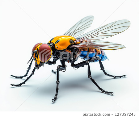 Robot bee with metallic body and intricate design on a white background Robot bee with metallic body and intricate design on a white background 127357243