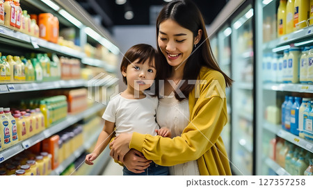 Smiling mother holds child while shopping for groceries in a well-lit supermarket aisle 127357258