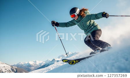 skier carving down a snow-covered slope in a mountainous area on a bright sunny day 127357269