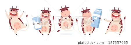 Funny Cow Character with Horn and Udder Enjoy Different Activity Vector Set 127357465