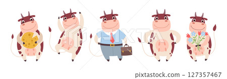 Funny Cow Character with Horn and Udder Enjoy Different Activity Vector Set 127357467