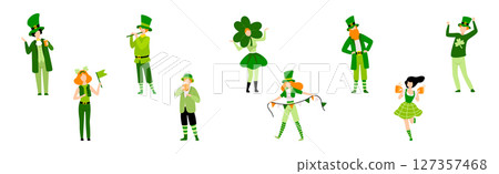 People Character in Festive Green Costumes Celebrating Saint Patrick Day Vector Set 127357468