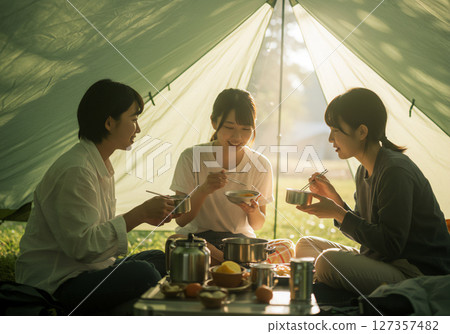 Young men and women camping and having fun outdoors 127357482