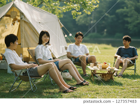 Young men and women camping and having fun outdoors 127357483