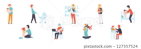 Dad on Maternity Leave Takes Care of Little Toddler Vector Set 127357524