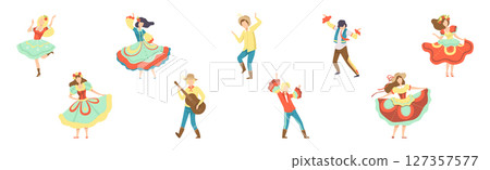 People Characters Dancing at Folk Party Celebrating Traditional Festival Vector Set 127357577