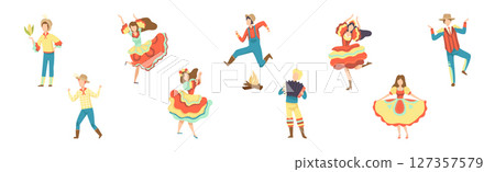 People Characters Dancing at Folk Party Celebrating Traditional Festival Vector Set 127357579