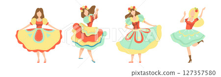 Woman Character Dancing at Folk Party Celebrating Traditional Festival Vector Set 127357580