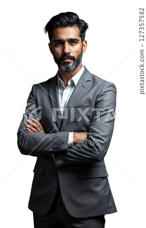 A South Asian male business mogul in sleek silver, arms confidently crossed, surrounded by financial graphs and digital growth symbols A South Asian male business mogul in sleek silver, arms confidently crossed, surrounded by financial graphs and digital growth symbols 127357582