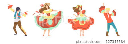 People Characters Dancing at Folk Party Celebrating Traditional Festival Vector Set People Characters Dancing at Folk Party Celebrating Traditional Festival Vector Set 127357584