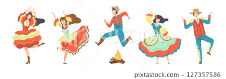 People Characters Dancing at Folk Party Celebrating Traditional Festival Vector Set 127357586