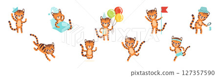 Cute Little Tiger Character with Striped Body and Tail Vector Set 127357590