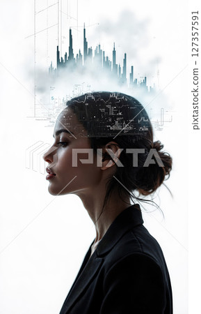A focused female founder in sleek black attire, with projections of financial markets and tech innovations floating around her, symbolizing 127357591