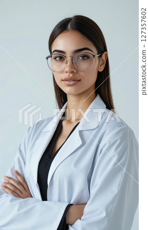 Clarity Middle Eastern Scientist Prism Middle Eastern female 37 lab coat prism beam, isolated , photoreal rainbow-white, soft studio 127357602