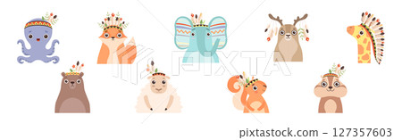 Funny Animal Character with Head Feather Band and Adornment Vector Set 127357603