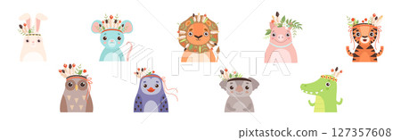 Funny Animal Character with Head Feather Band and Adornment Vector Set Funny Animal Character with Head Feather Band and Adornment Vector Set 127357608