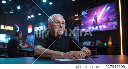 Senior Esports Virtual Coaching with AI - A 75-year-old South Asian man practicing esports using a virtual coach powered by 127357609