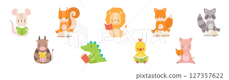 Cute Animals Reading Book in Hard Cover Enjoying Interesting Story Vector Set 127357622