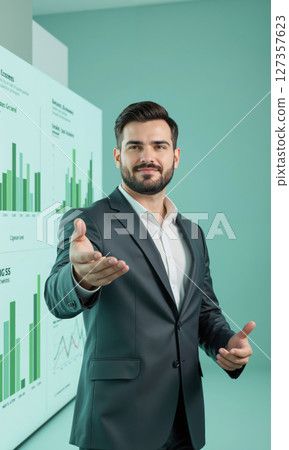 White Male ESG Consultant White man, 35s, sustainable business attire, presenting eco metrics, transparent background, 3D stylized, green blue palette. 127357623