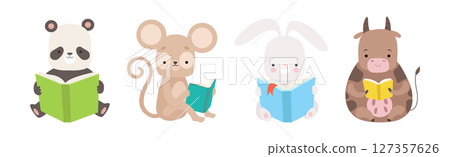 Cute Animals Reading Book in Hard Cover Enjoying Interesting Story Vector Set 127357626
