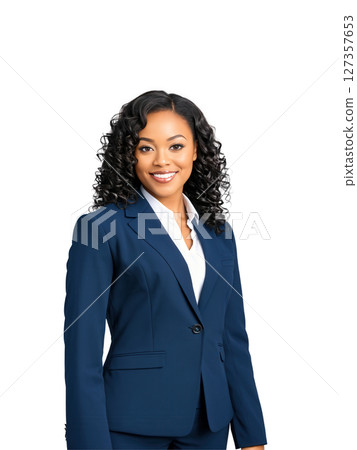 Portrait of a smiling Black woman with medium-length curly hair, wearing a navy blue business jacket. Her approachable and professional 127357653