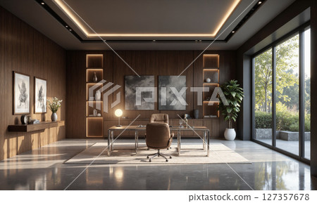 Spacious executive office with a large glass desk, ergonomic leather chair, and wood paneling. Soft ambient lighting provides an overall glow, while task 127357678