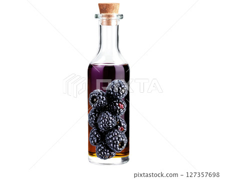 Blackberry Seed Oil (Rubus fruticosus) A clear glass bottle filled with dark amber blackberry seed oil. The oil has a 127357698