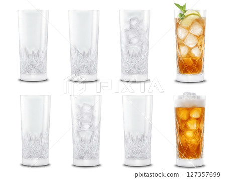 Highball Glasses - Tall, narrow glasses, commonly used for mixed drinks like whiskey sodas or cocktails. 127357699