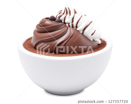 Chocolate Mousse A bowl of silky chocolate mousse with a light, airy texture, topped with a dollop of whipped cream 127357720